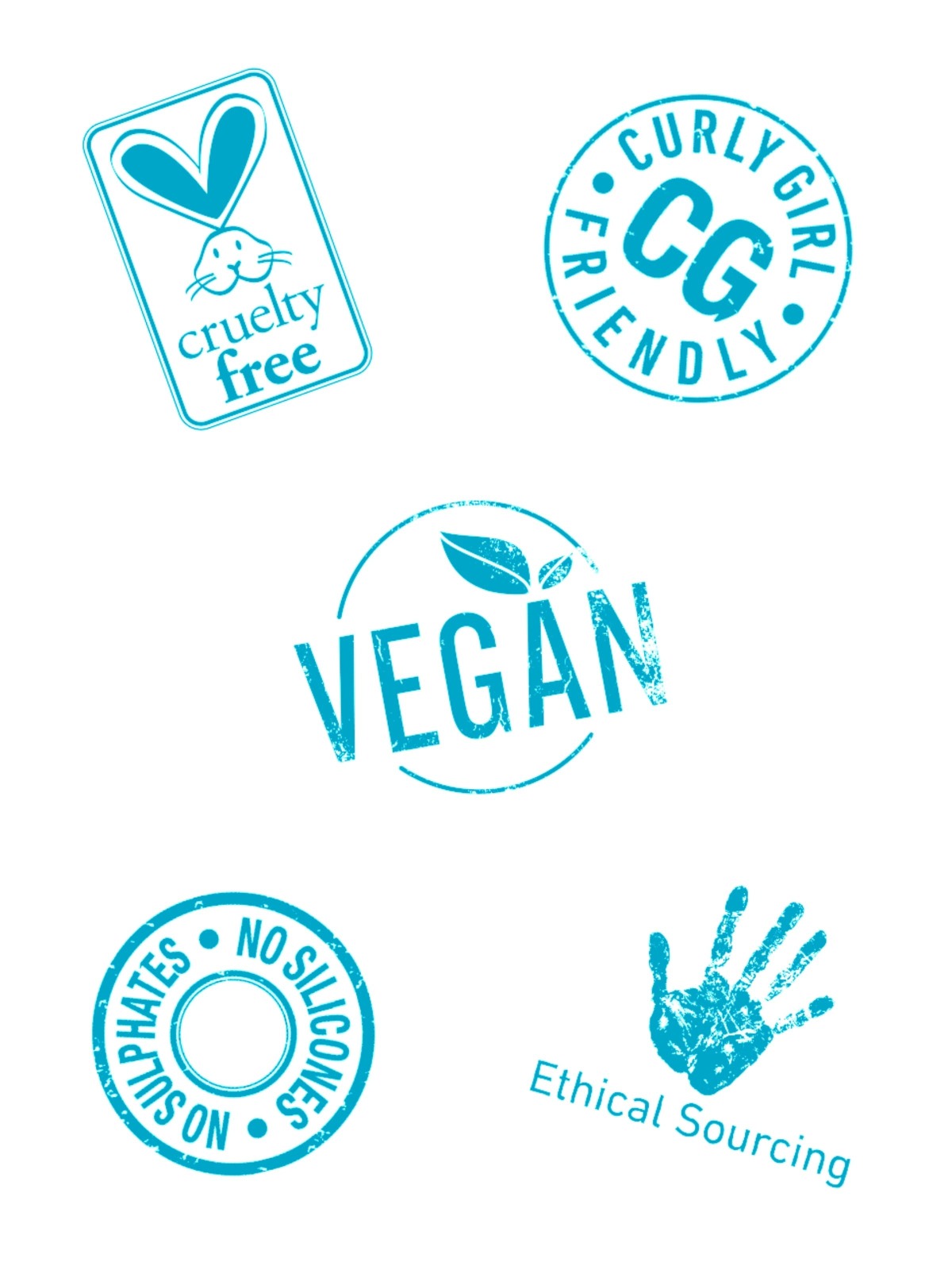 Collection of blue logos and icons indicating cruelty-free, curly girl friendly, vegan, no sulfates, and ethical sourcing on a white background.