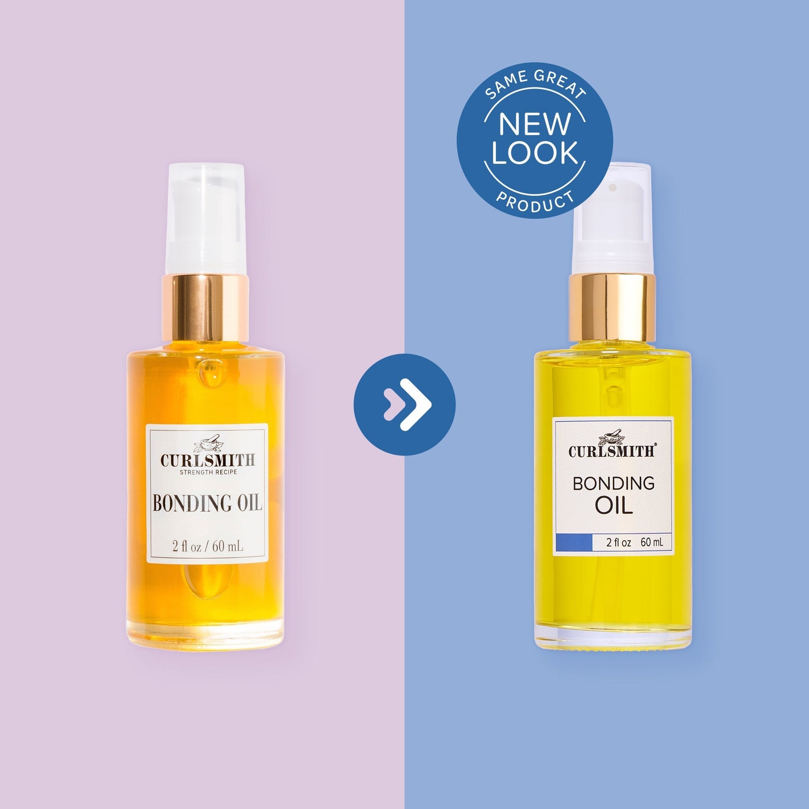 Two bottles of Curlsmith Bonding Oil on a split background with a 'Same Great Product, New Look' badge.
