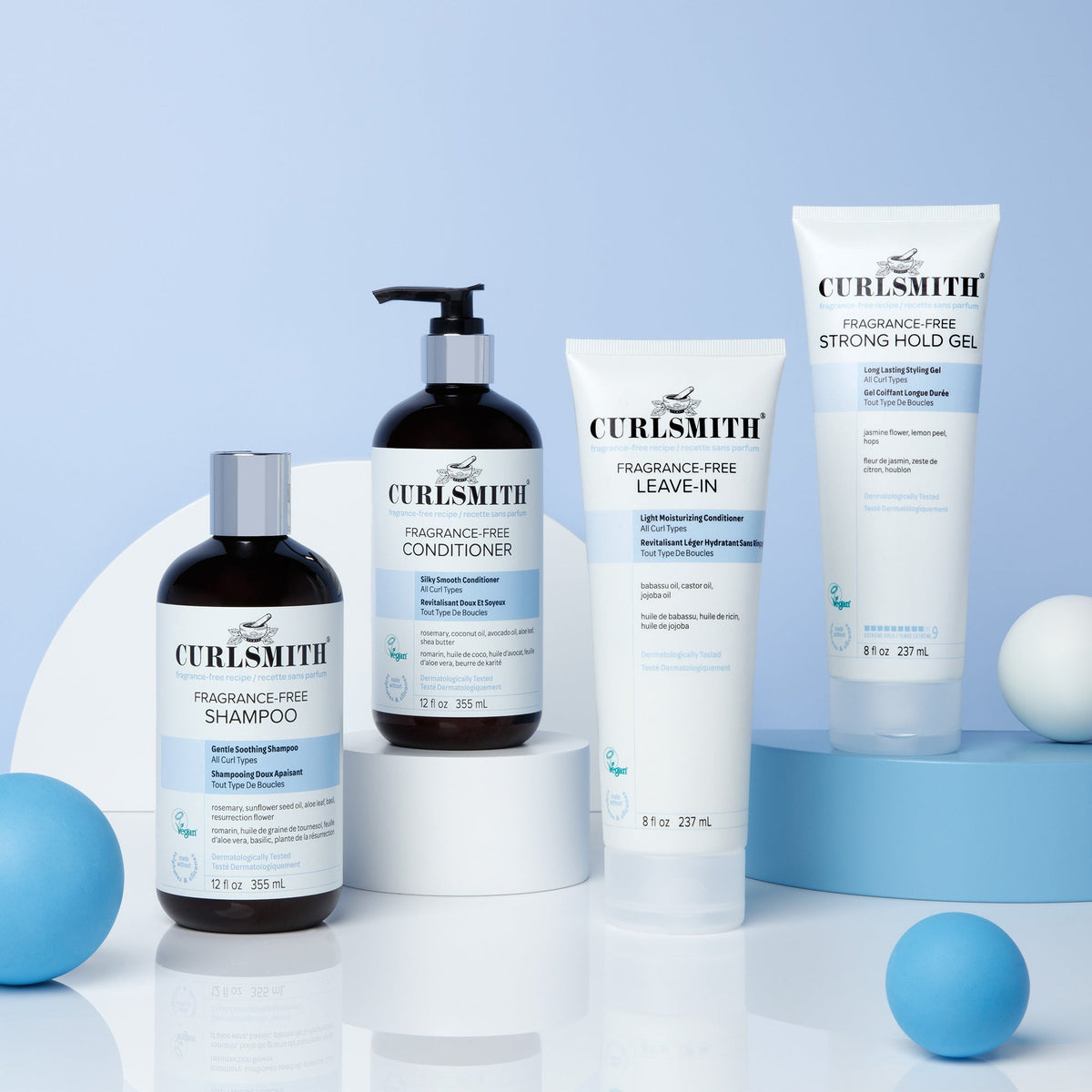 Curlsmithe hair care products on a light blue background