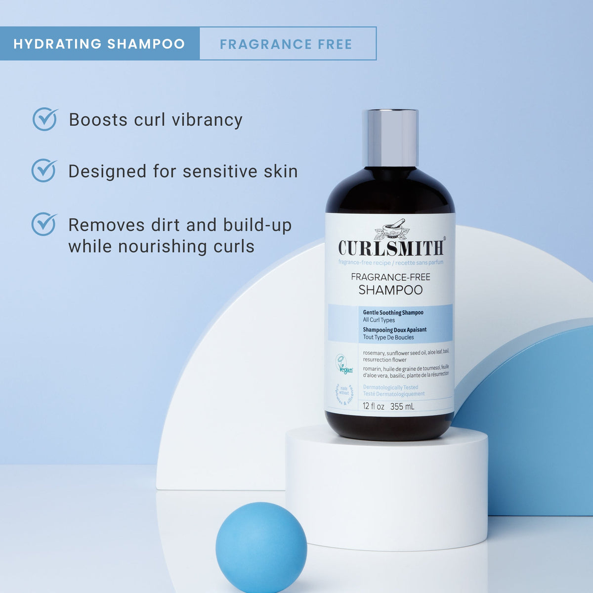 Curlsmith fragrance-free shampoo bottle on a white and blue background with product features listed.
