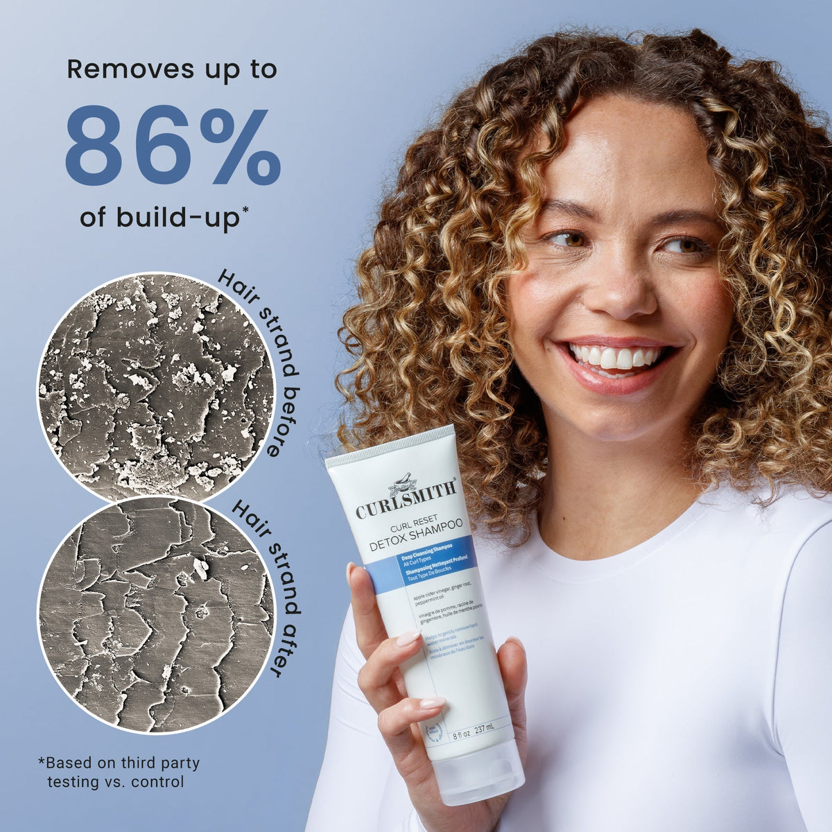 Woman holding a bottle of Curlsmith shampoo with before and after hair images on a blue background