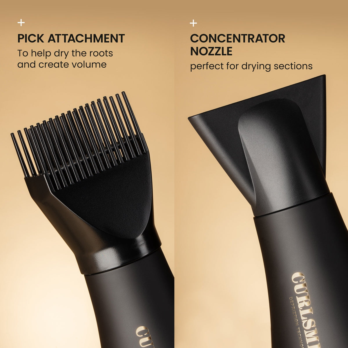Hair dryer attachments with pick attachment and concentrator nozzle on a beige background