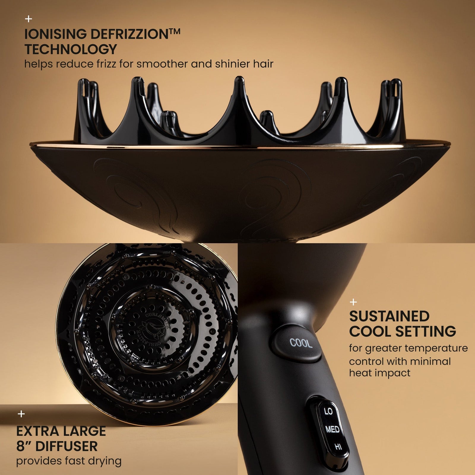 Hair dryer with diffuser attachment on a beige background, highlighting features like ionizing defrizzion technology and sustained cool setting.