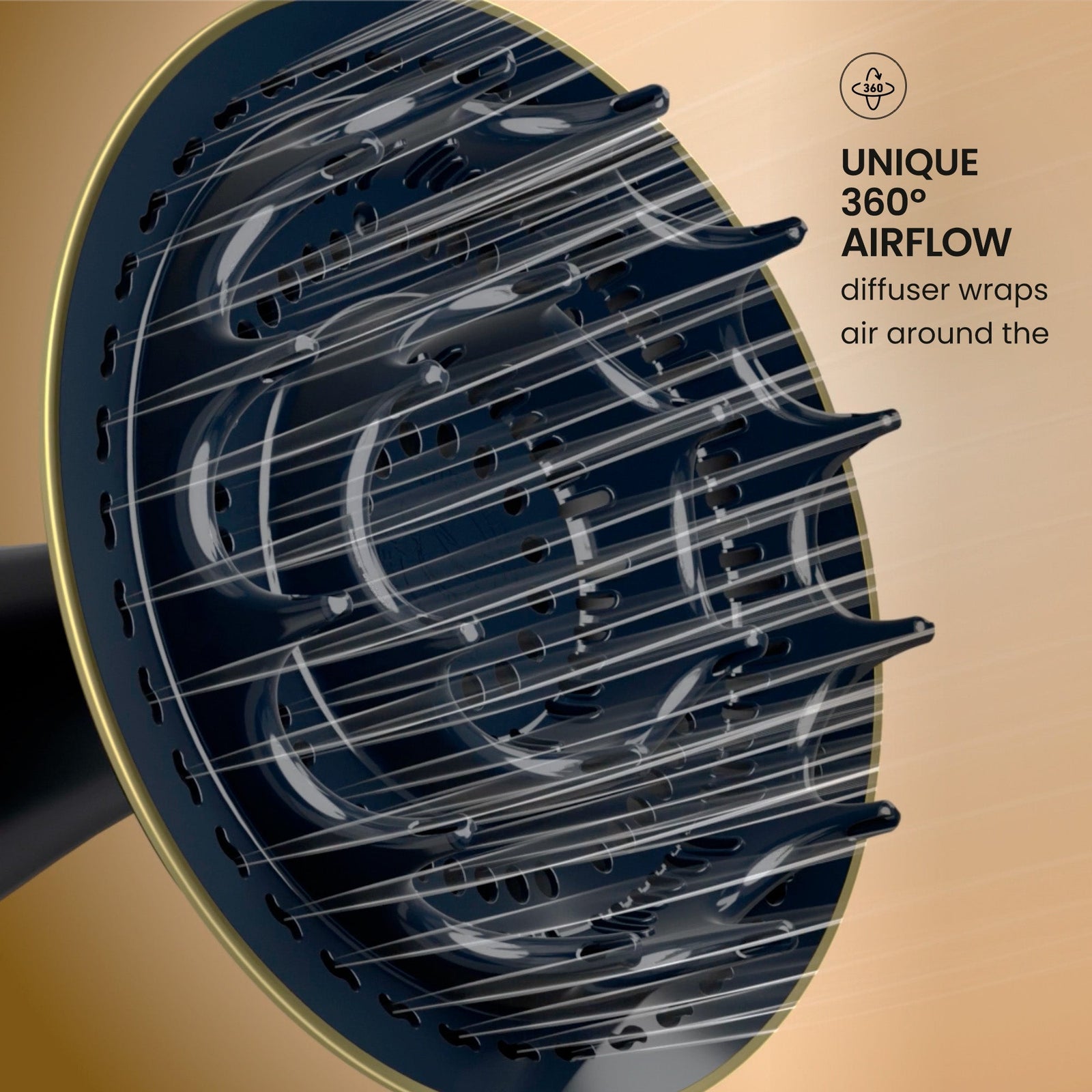 Close-up of a hair dryer diffuser with text on a beige background
