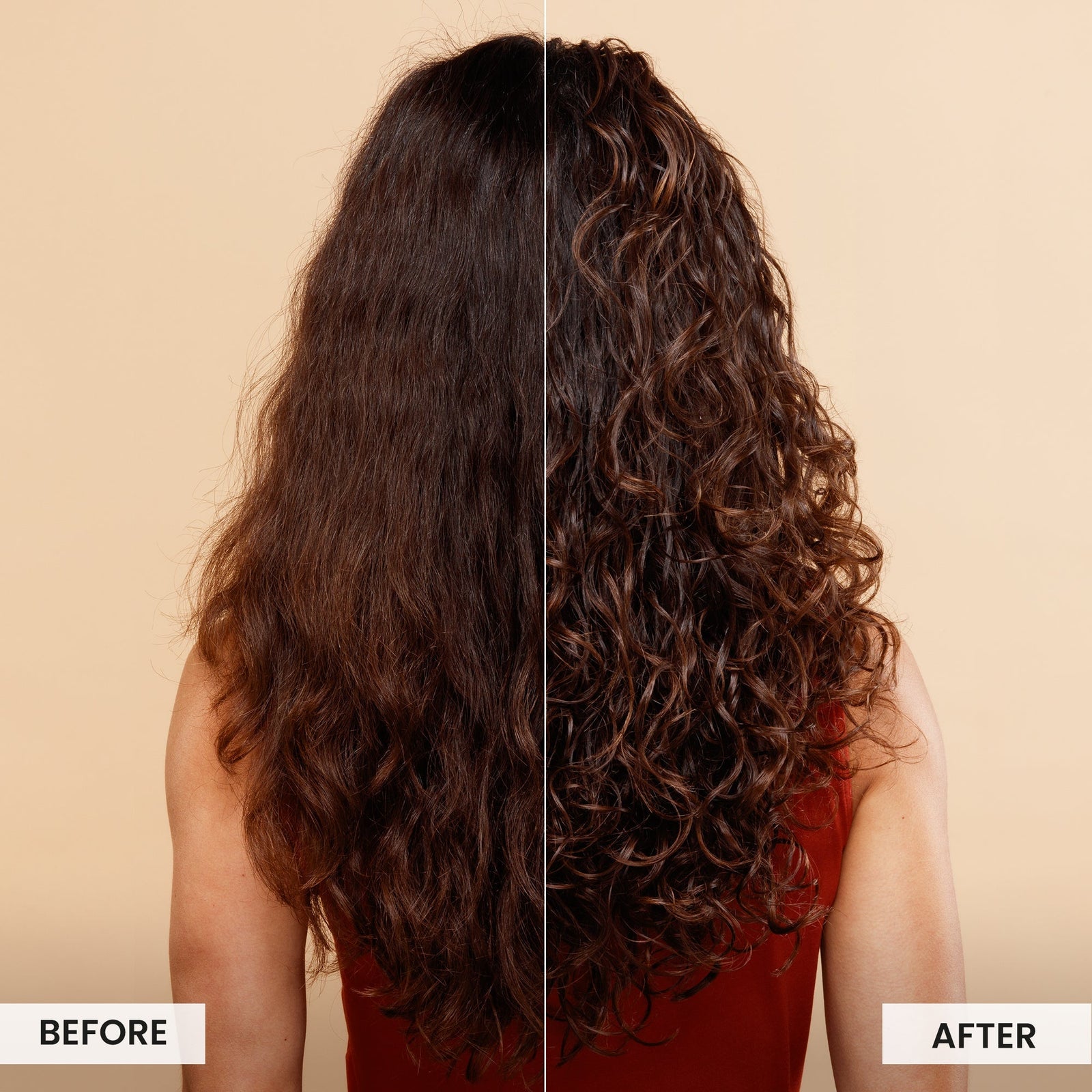 Before and after comparison of hair styling on a beige background