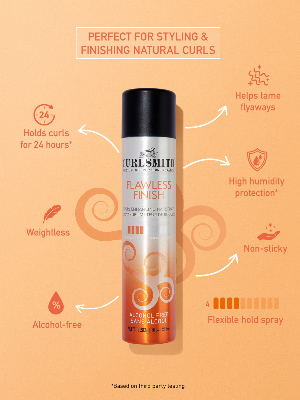 Curlsmith Flawless Finish hair product can on an orange background with claims