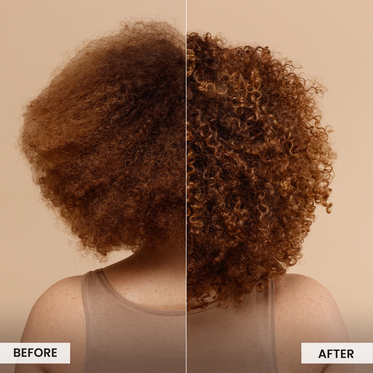 Before and after comparison of a person's hair on a beige background
