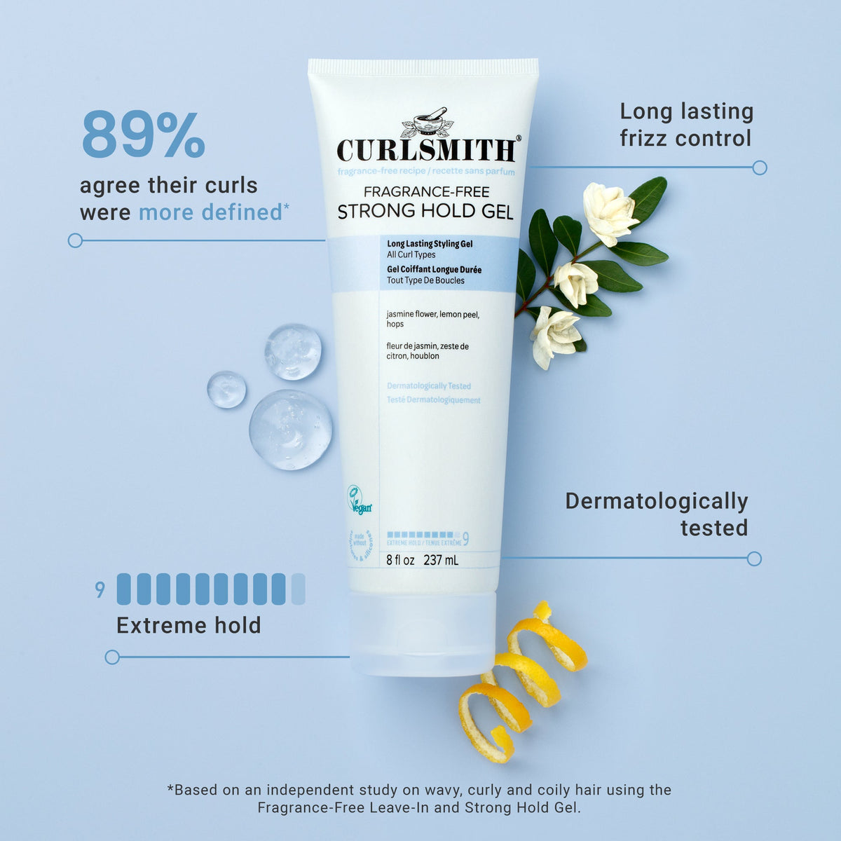 Curlsmith hair gel with floral elements and text on a light blue background
