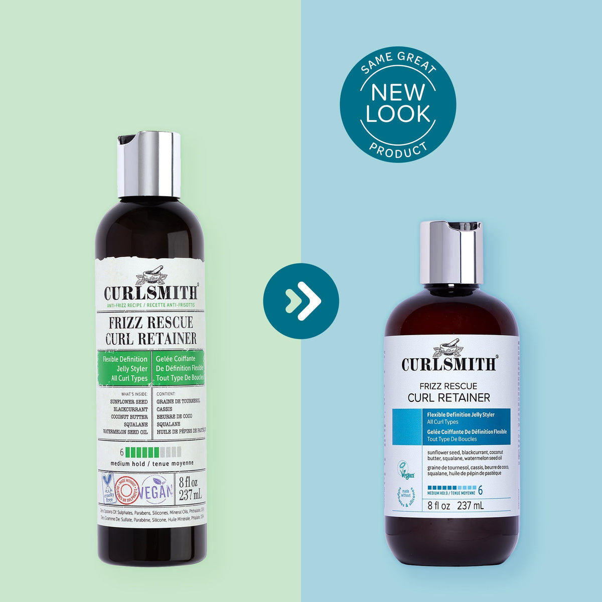 Two bottles of Curlsmith Frizz Rescue Curl Retainer with a green and blue background.