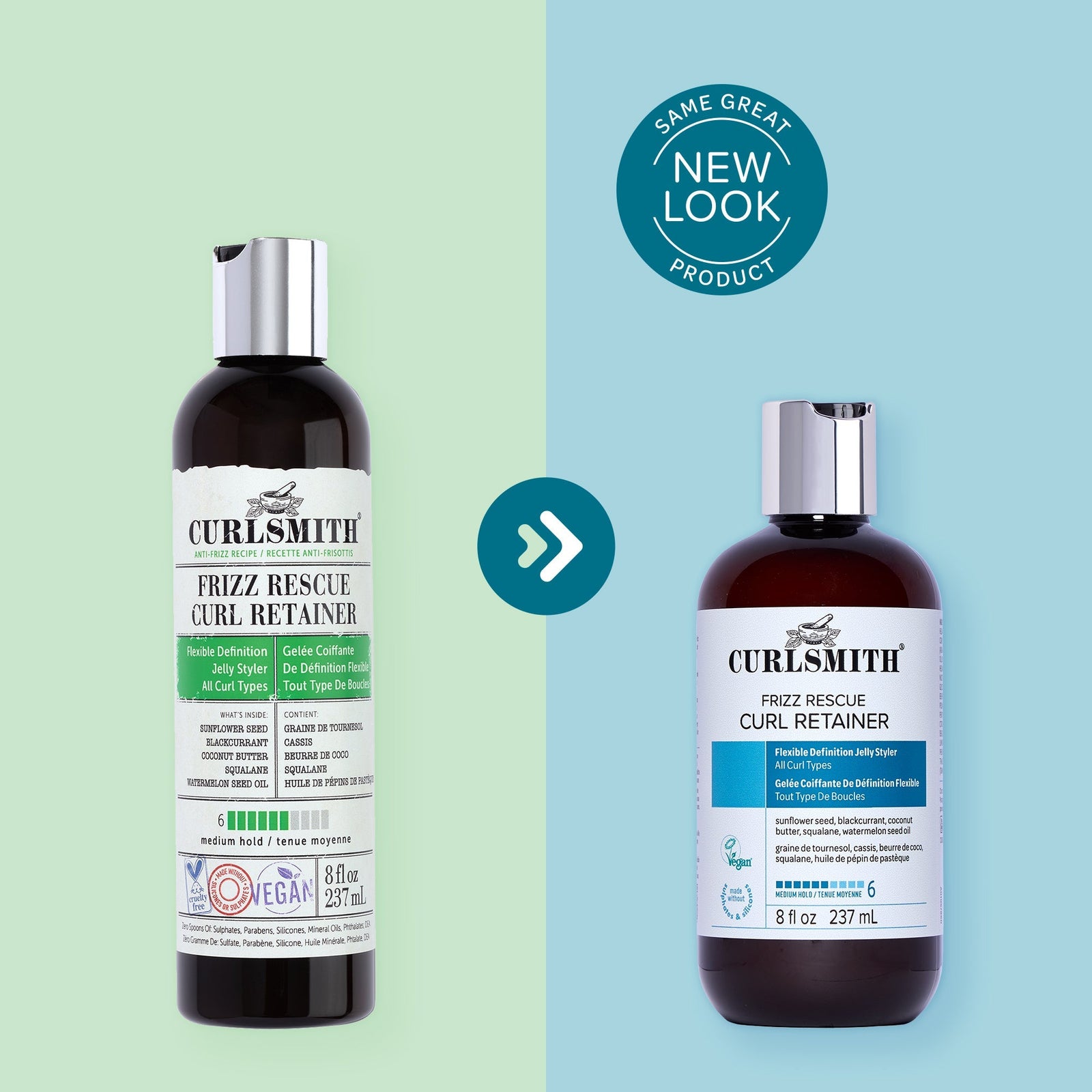 Two bottles of Curlsmith Frizz Rescue Curl Retainer with a green and blue background.