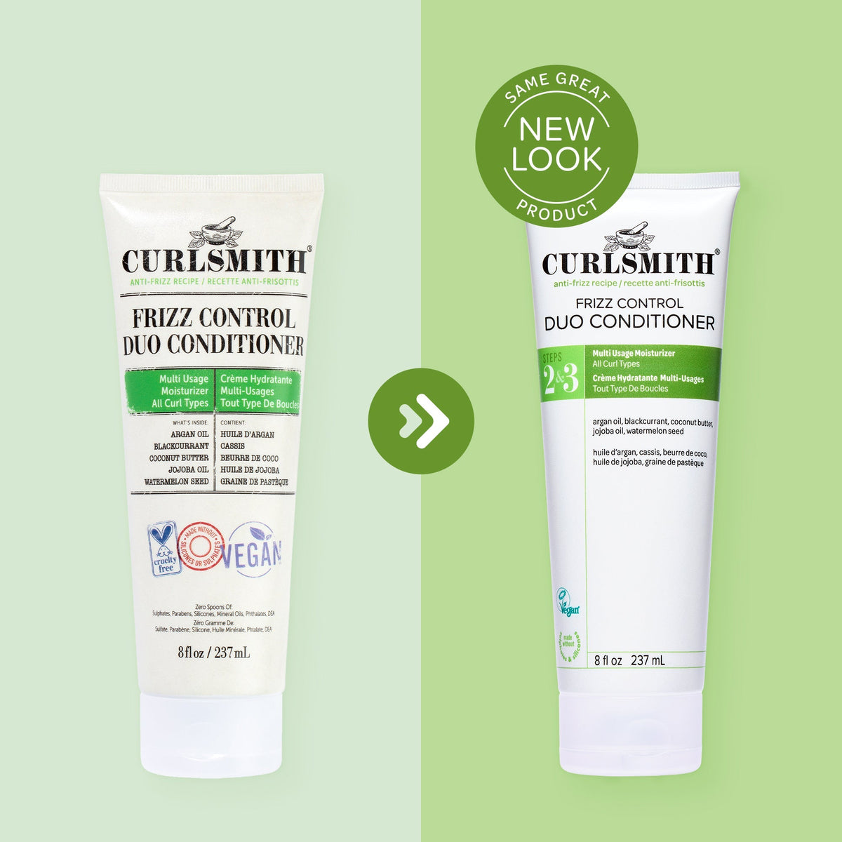 Two bottles of Curlsmith Frizz Control Duo Conditioner on a green background with a 'Same Great Product, New Look' badge.
