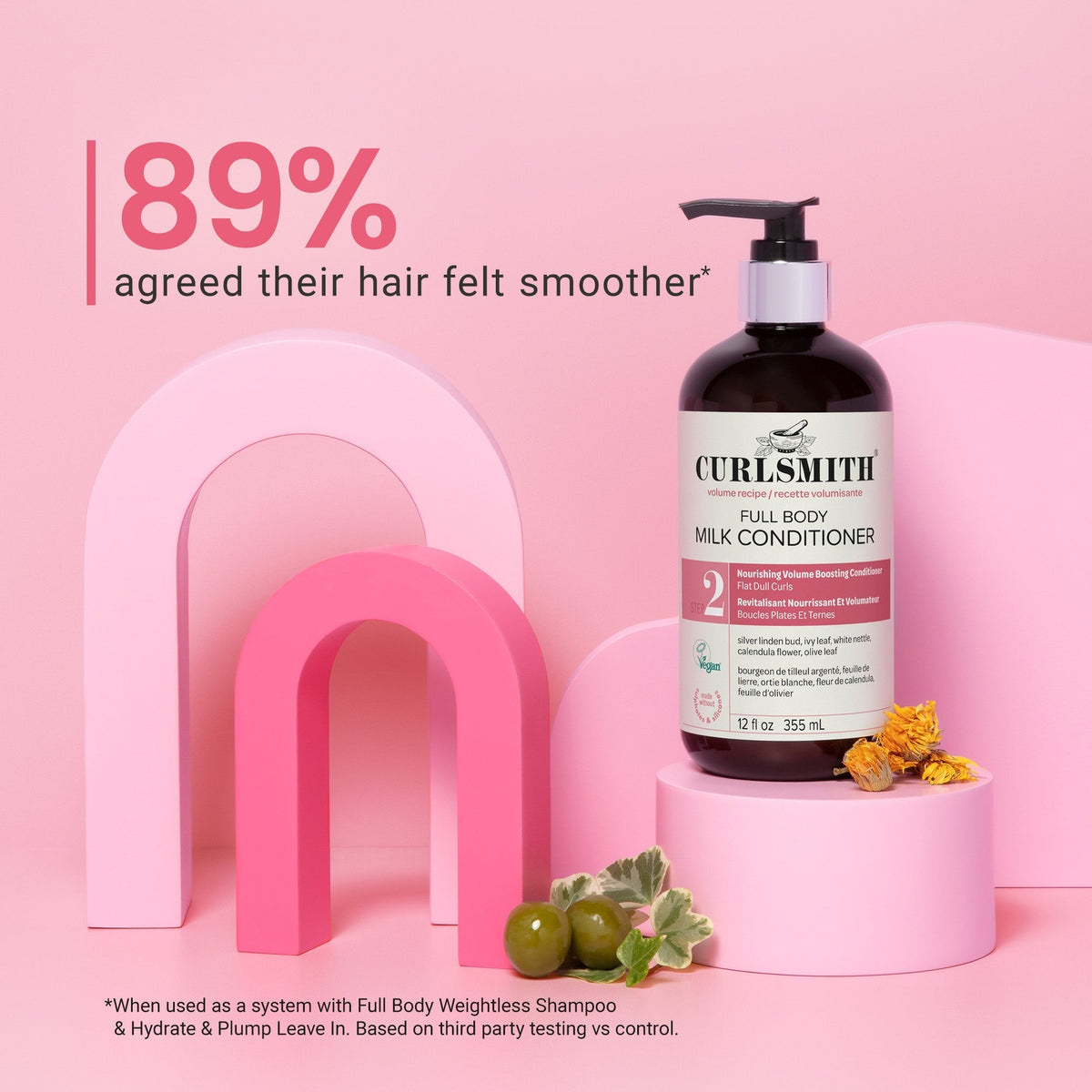 Curlsmithe full body milk conditioner bottle on a pink background with text about hair smoothness.