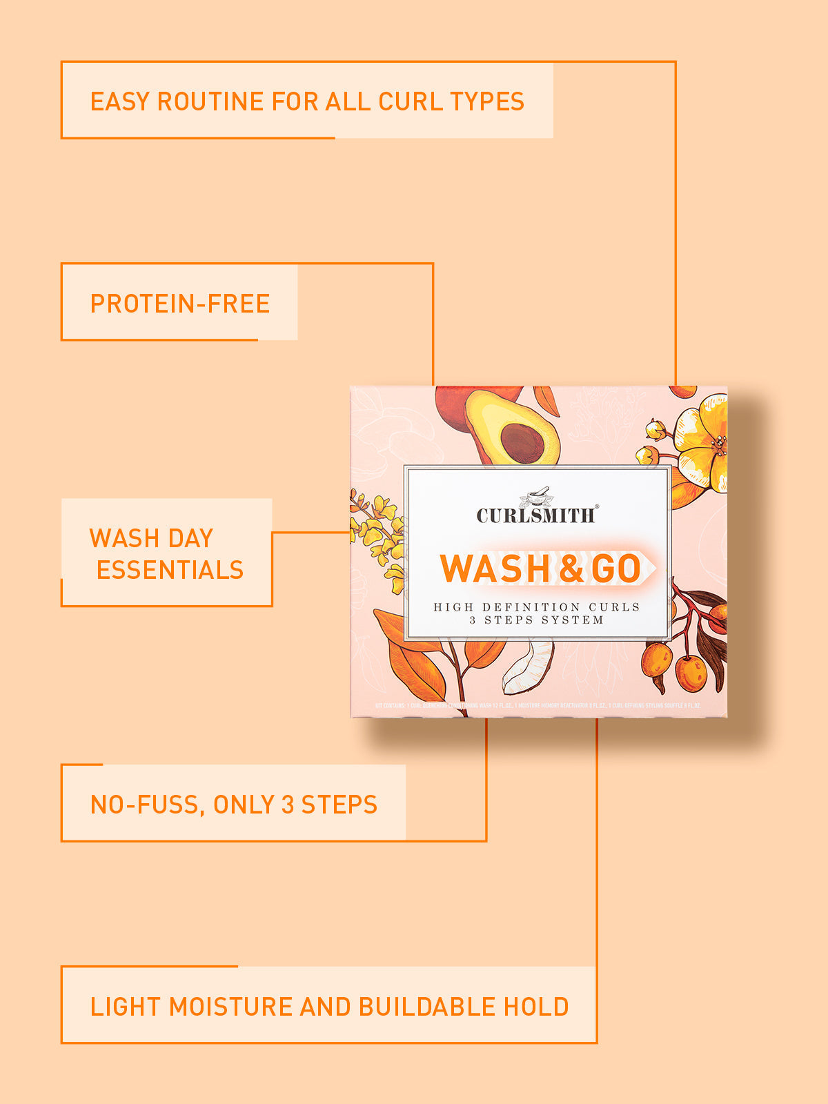 Curlsmith Wash & Go product packaging on a peach background with text highlighting features.