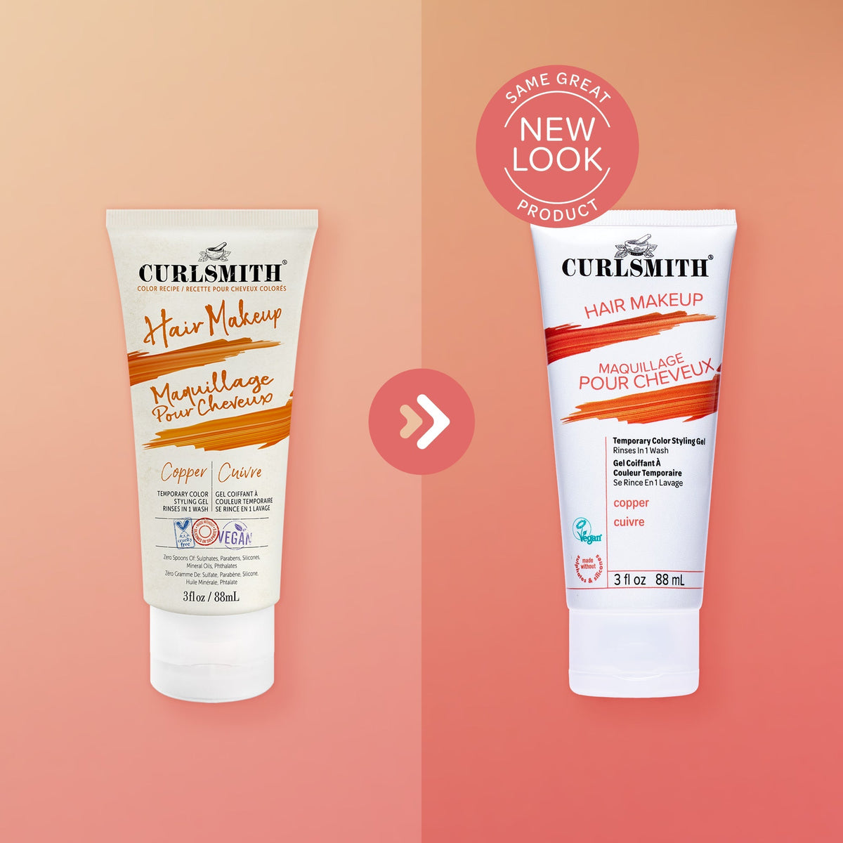 Two tubes of Curlsmith Hair Makeup on a peach background with a 'Same Great Product, New Look' label.