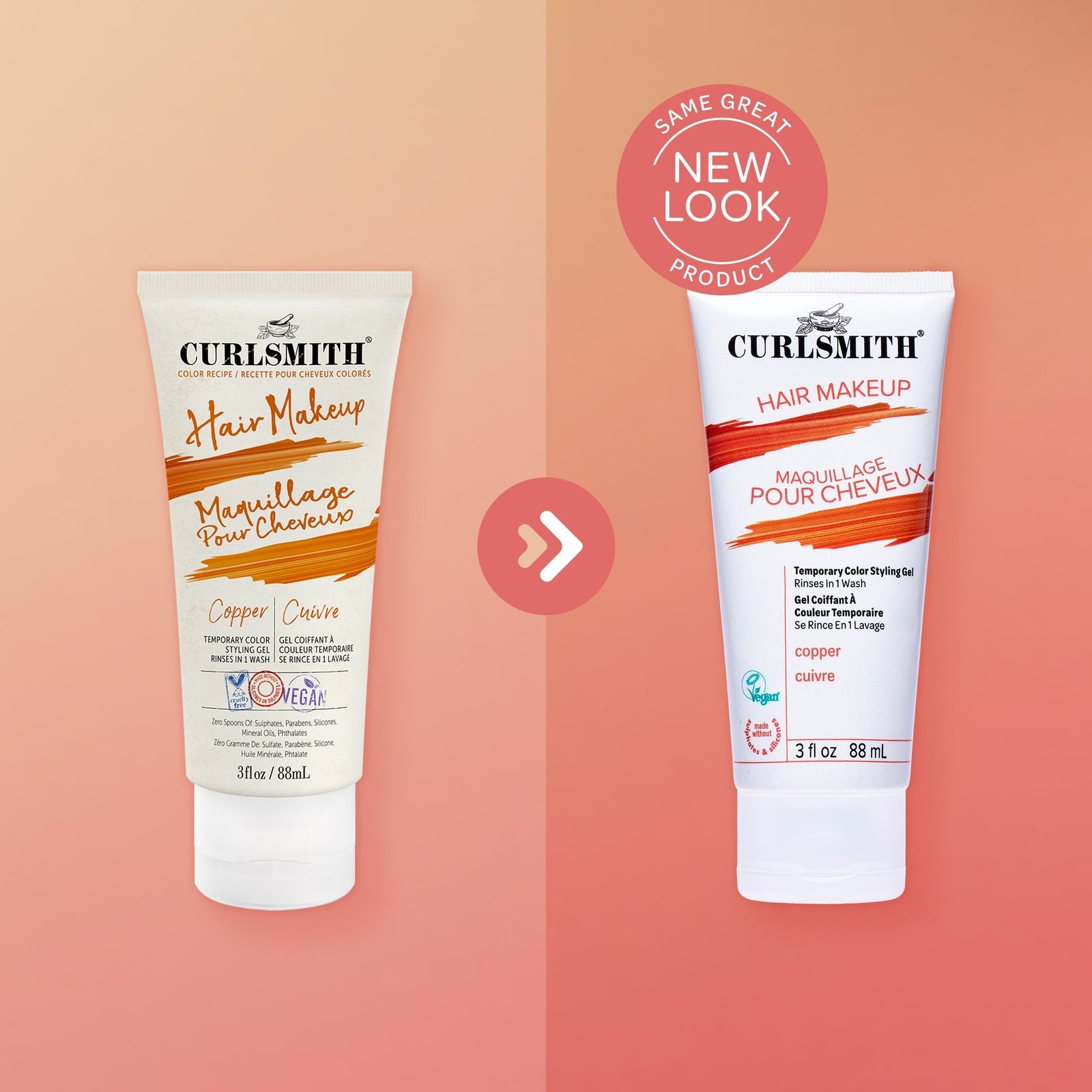 Two tubes of Curlsmith Hair Makeup on a peach background with a 'Same Great Product, New Look' label.