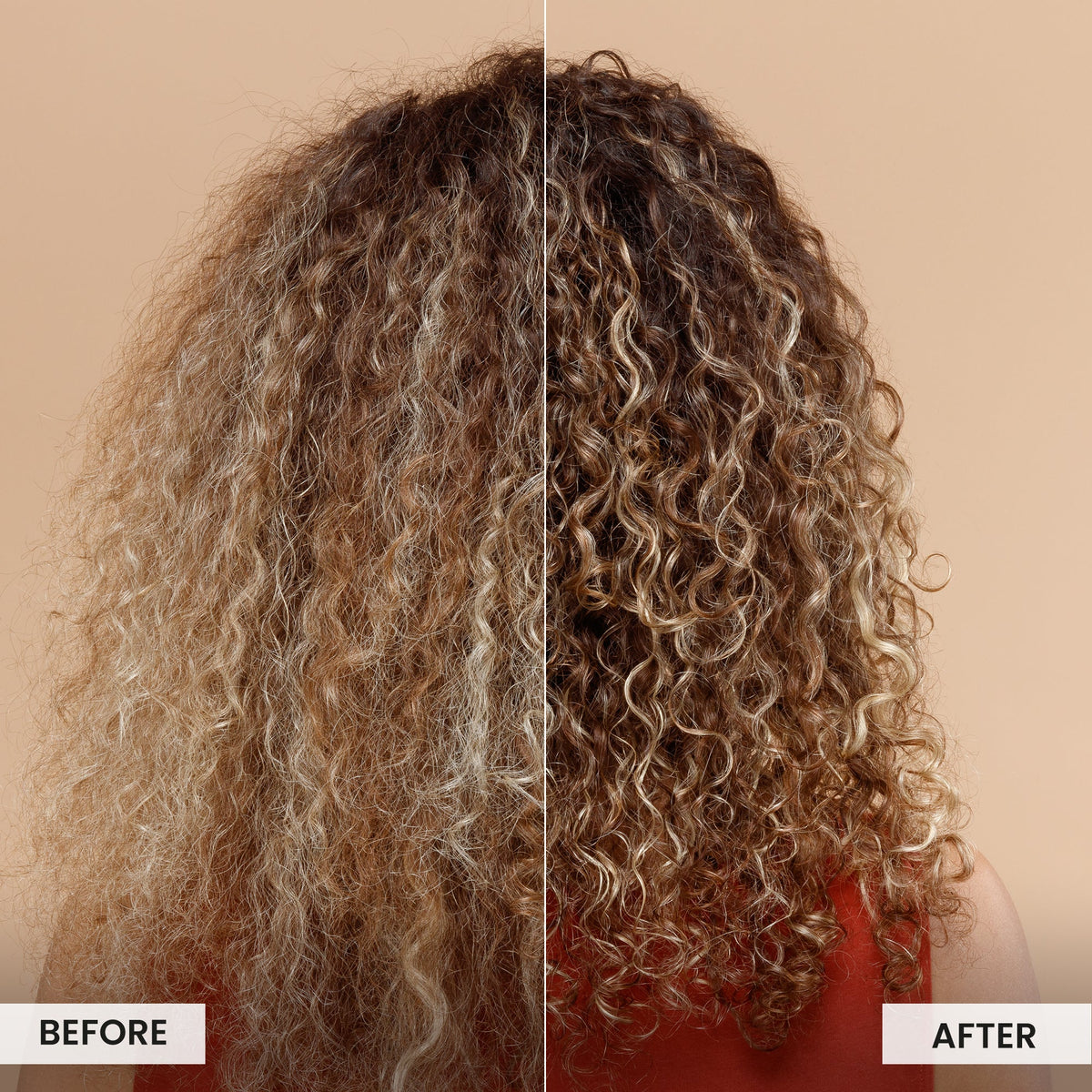 Before and after comparison of curly hair on a beige background