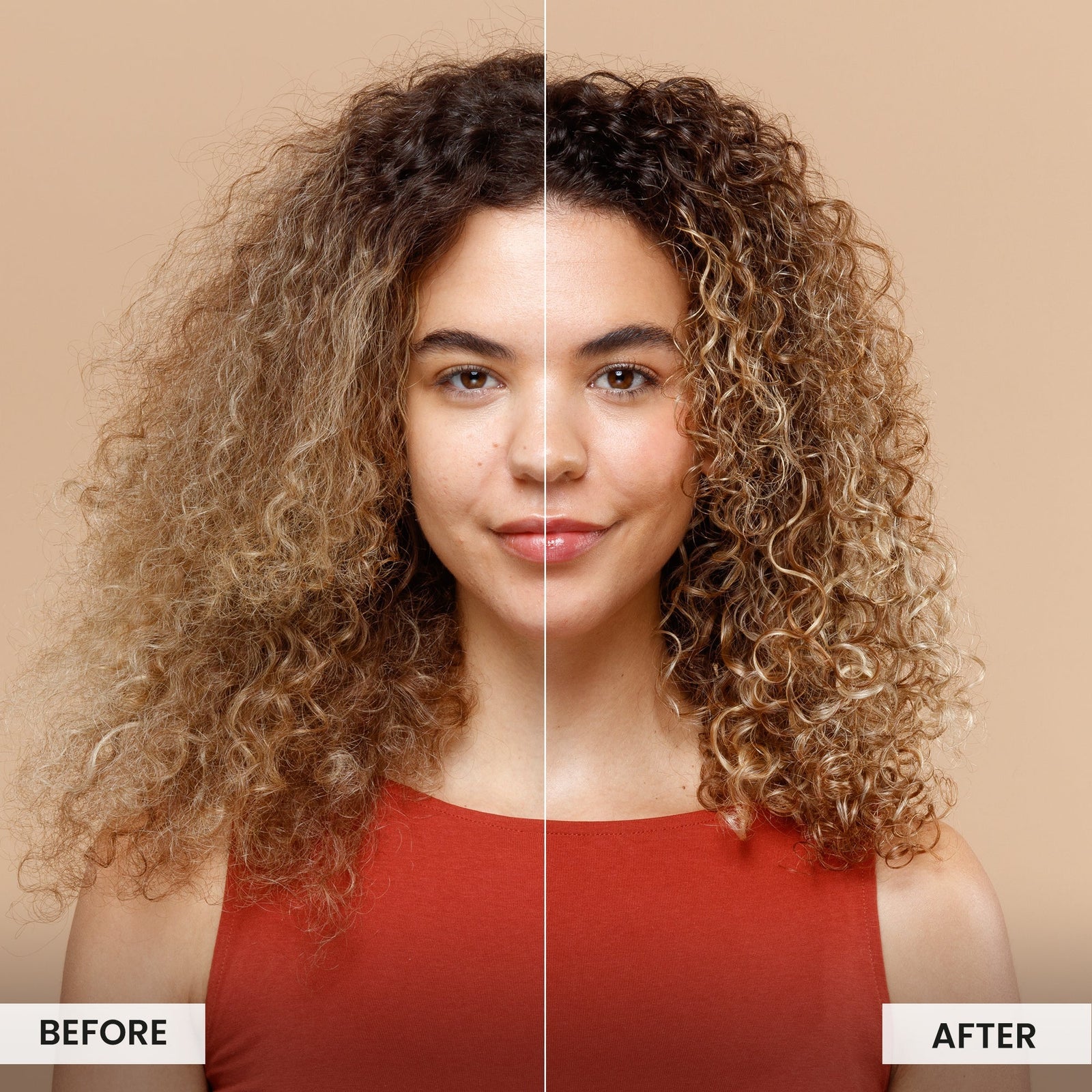 Before and after comparison of a woman with curly hair on a beige background