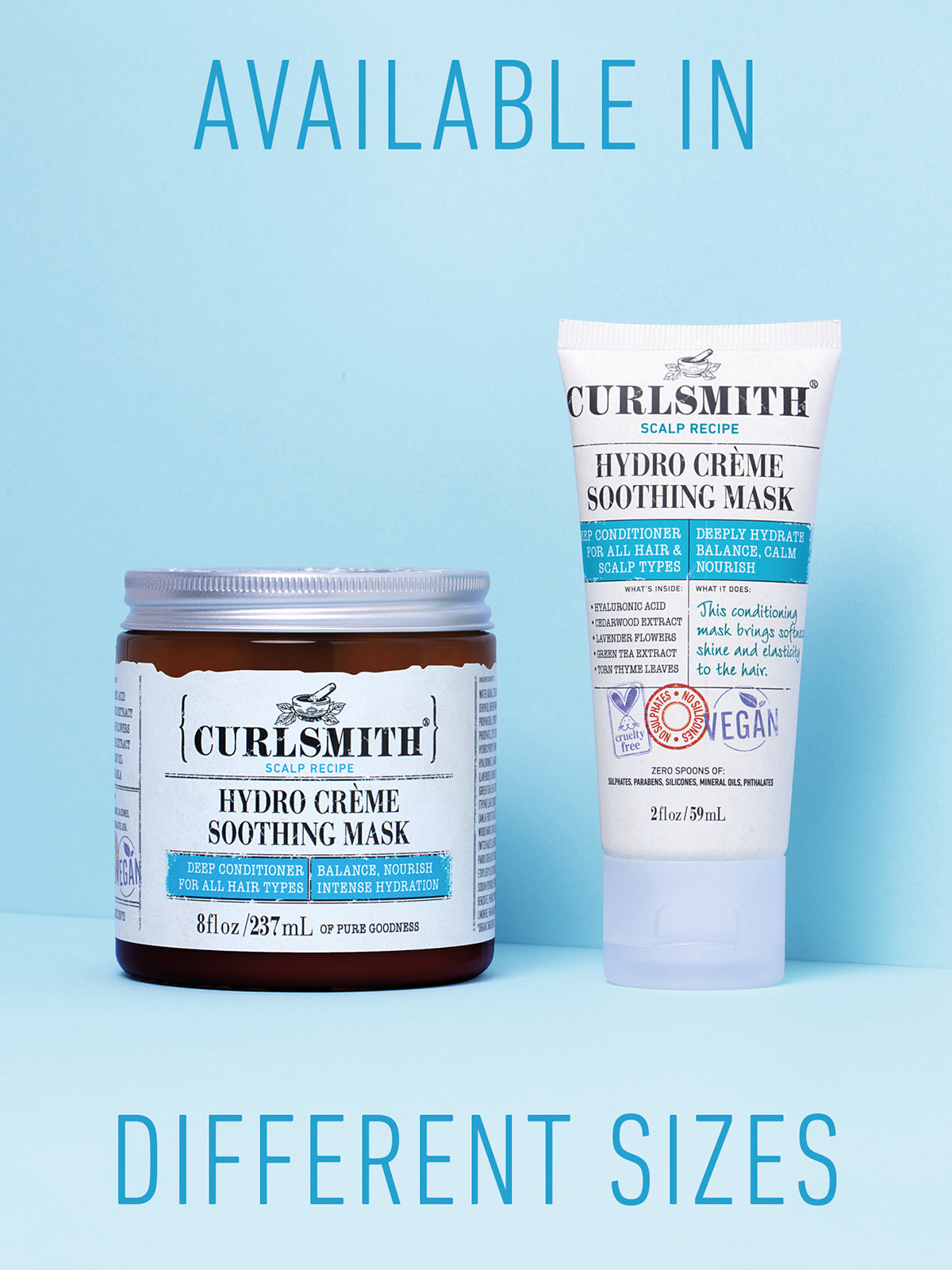 Curlsmith Hydro Cèreme Soothing Mask jar and tube on a light blue background