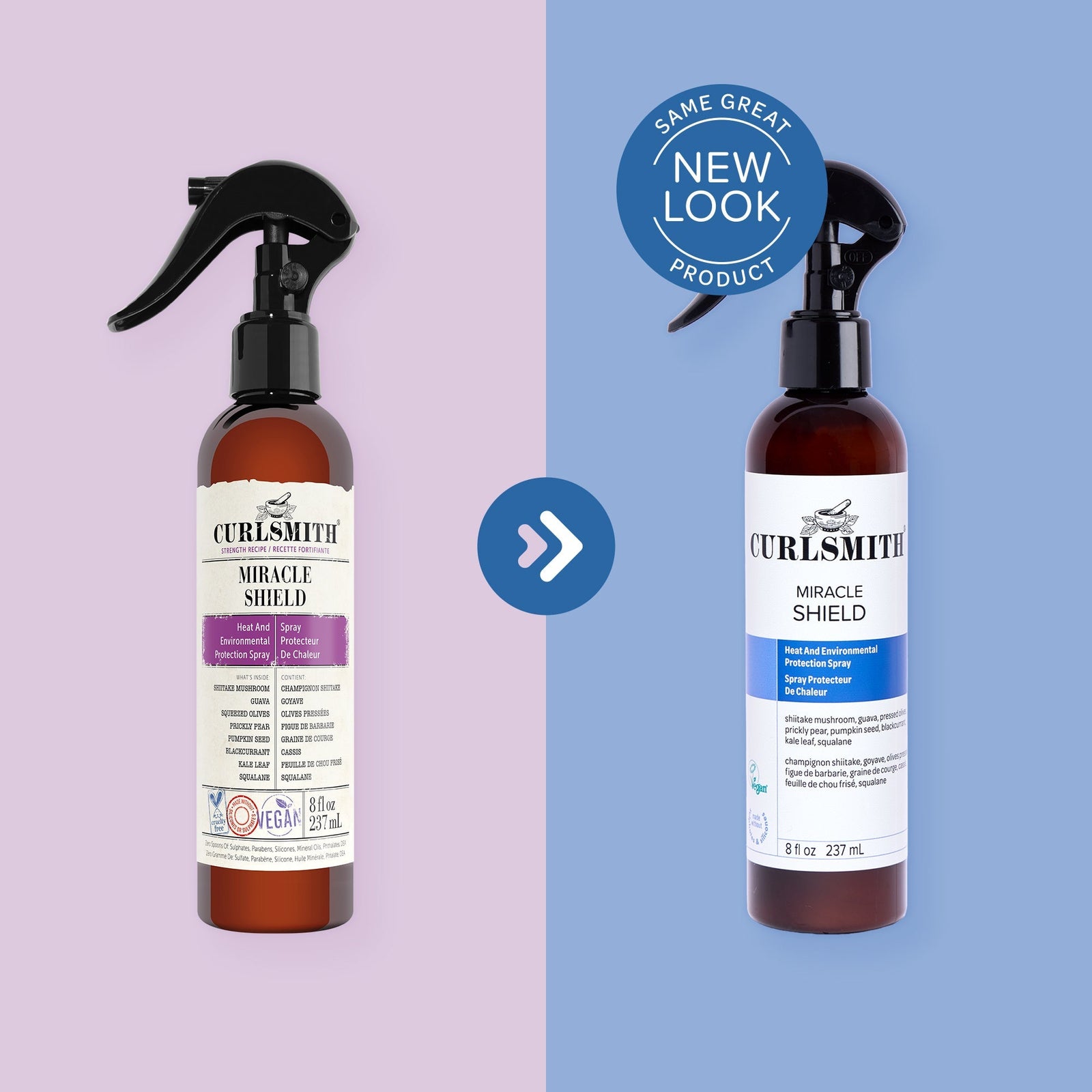 Two bottles of Curlsmith Miracle Shield spray, one on a purple background and one on a blue background with a 'Same Great Product' label.