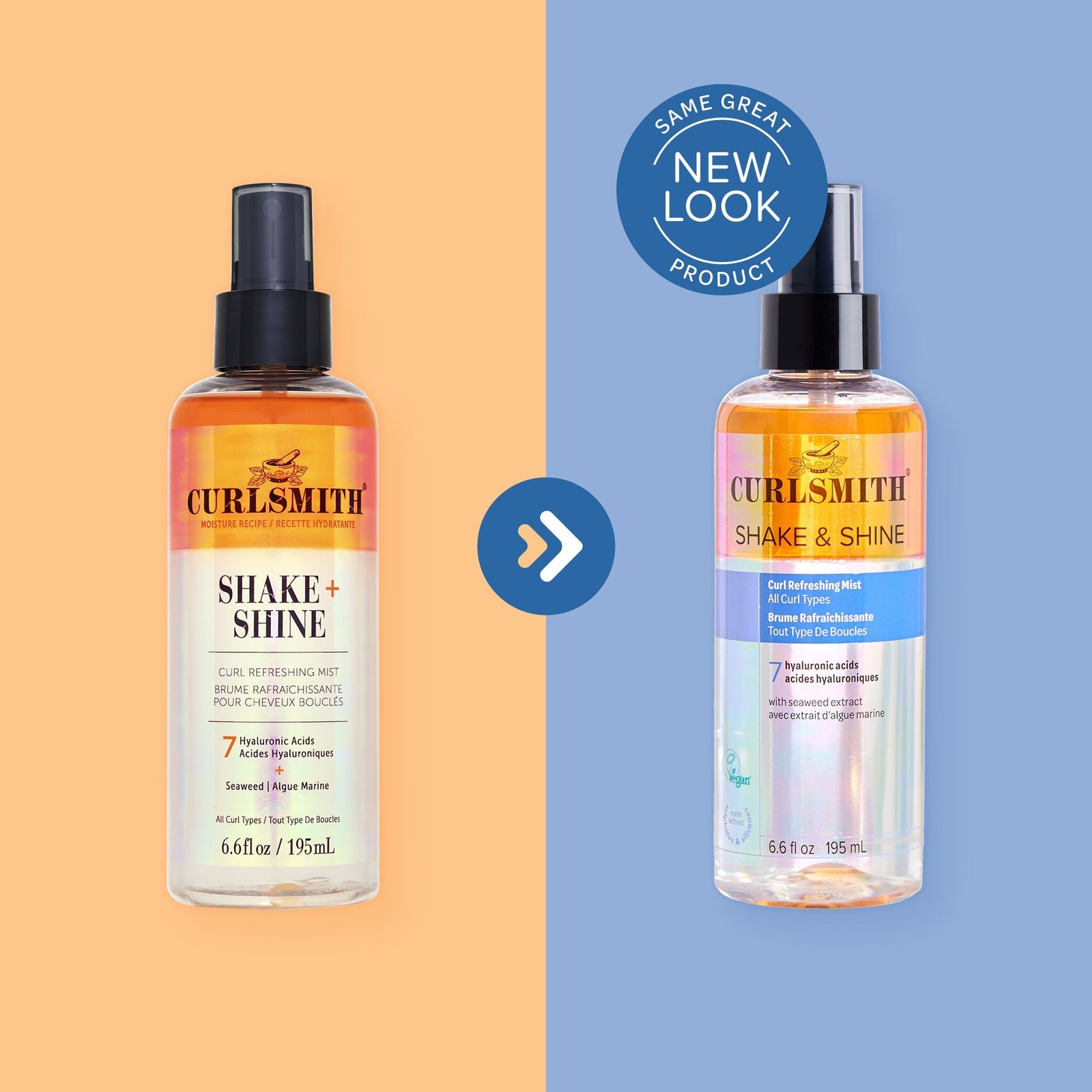 Two bottles of Curlsmithe Shake & Shine product on a split background with 'Same Great Product' text.