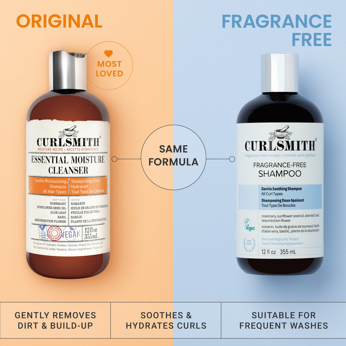 Two bottles of Curlsmith hair care products on a split background, one labeled 'Original' and the other 'Fragrance Free'.