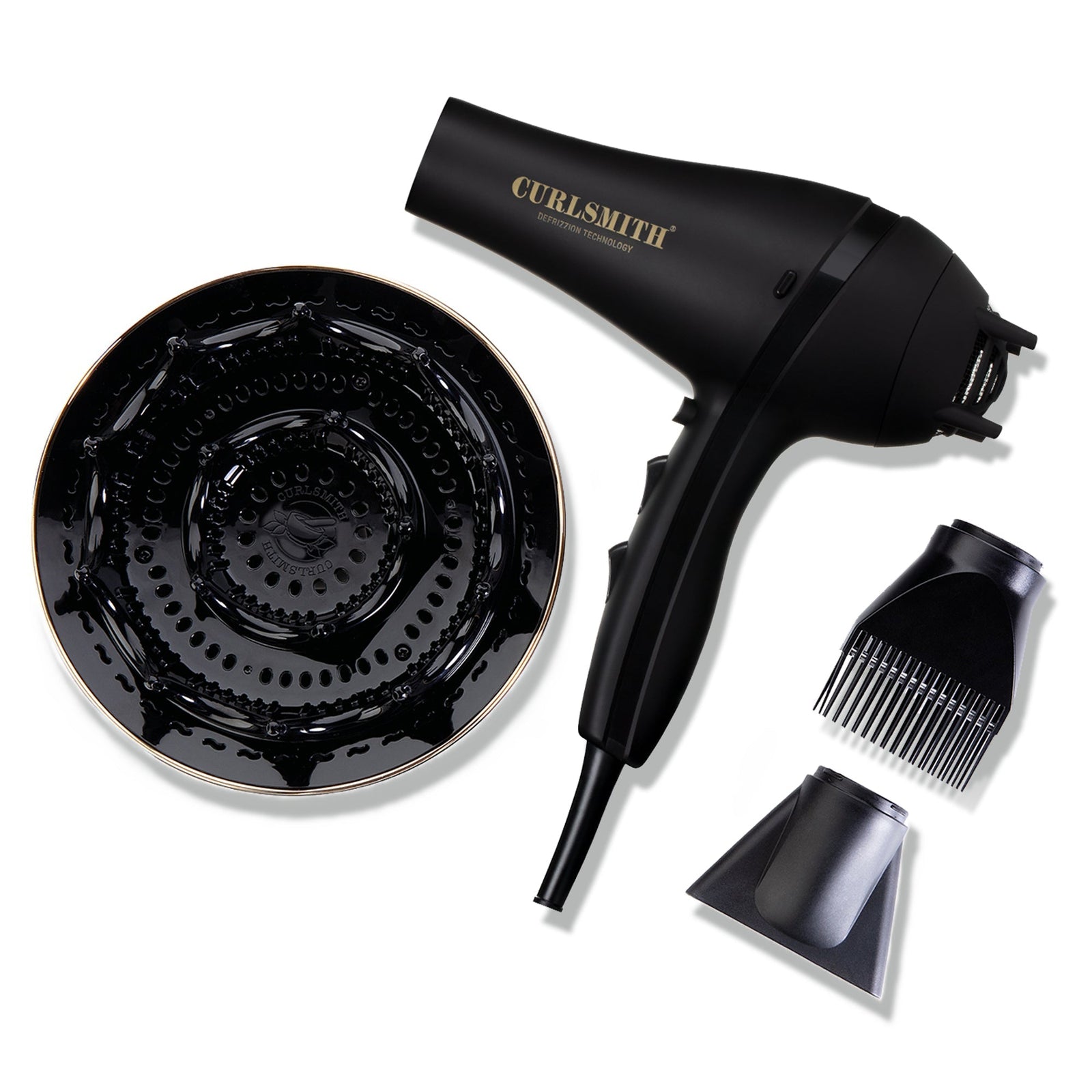 Black hair dryer with attachments on a white background, featuring the 'Curlsmith' brand.