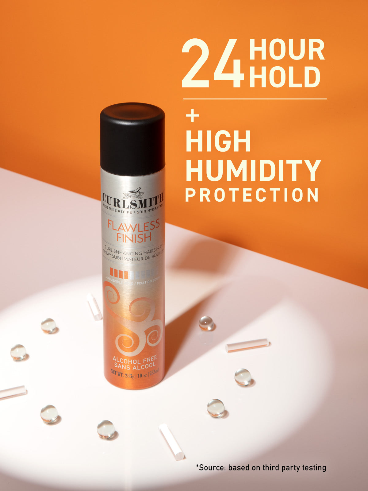 Curlsmith Flawless Finish hair product can on an orange background with claims