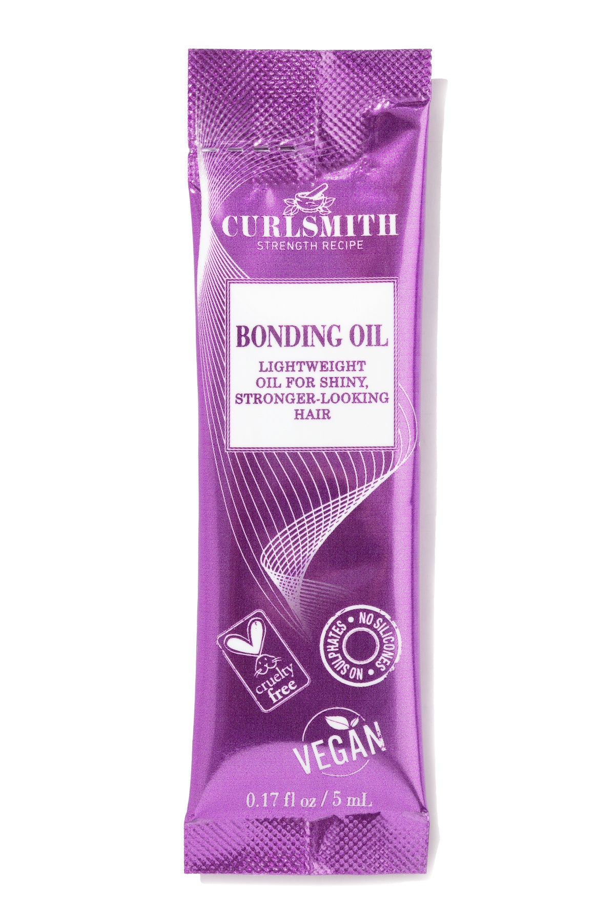 Curlsmith USA's Bonding Oil, available in a 0.17 fl oz (5ml) purple single-use packet, offers a lightweight oil blend that promotes "shiny, stronger-looking hair" by enhancing hair bonds for a smoother appearance. This cruelty-free, silicone-free, and vegan product is ideal for weightless hair care.
