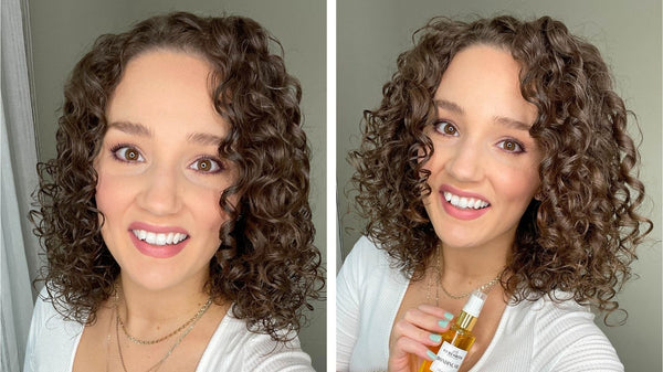 Two images of a curly woman