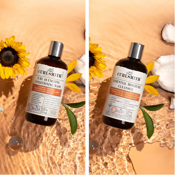 Curlsmith shampoo vs conditioning wash on an orange background with sunflowers