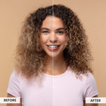 Before and after comparison of a woman with curly hair on a beige background