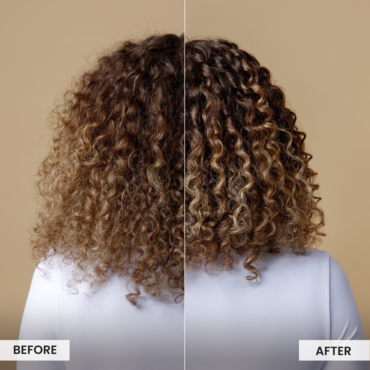 Before and after comparison of curly hair on a person with a beige background