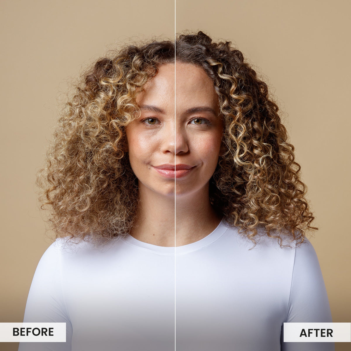Before and after comparison of a woman with curly hair on a beige background