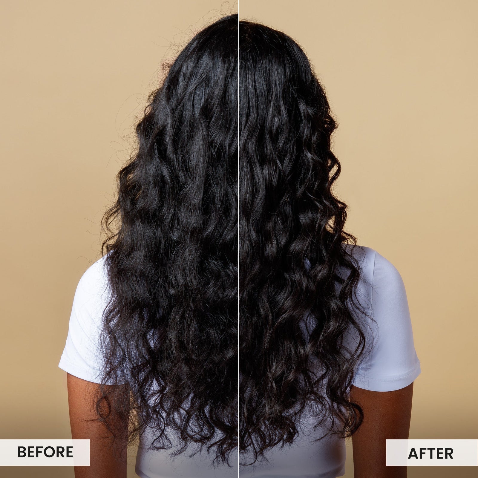 Before and after comparison of long, wavy hair on a person with a beige background.