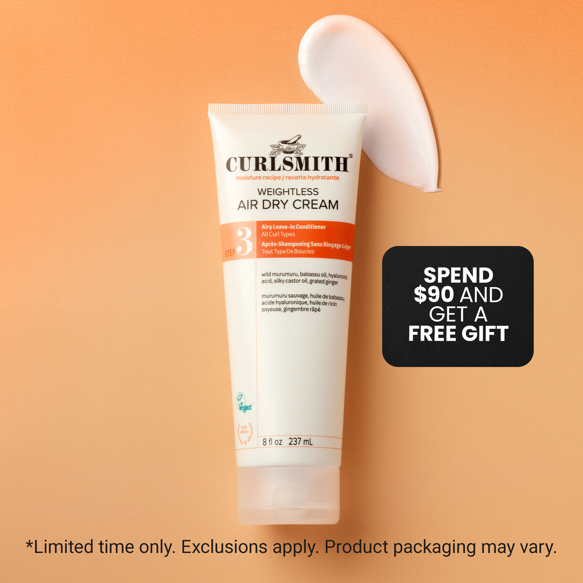Curlsmith weightless air dry cream tube on an orange background with a promotional offer.