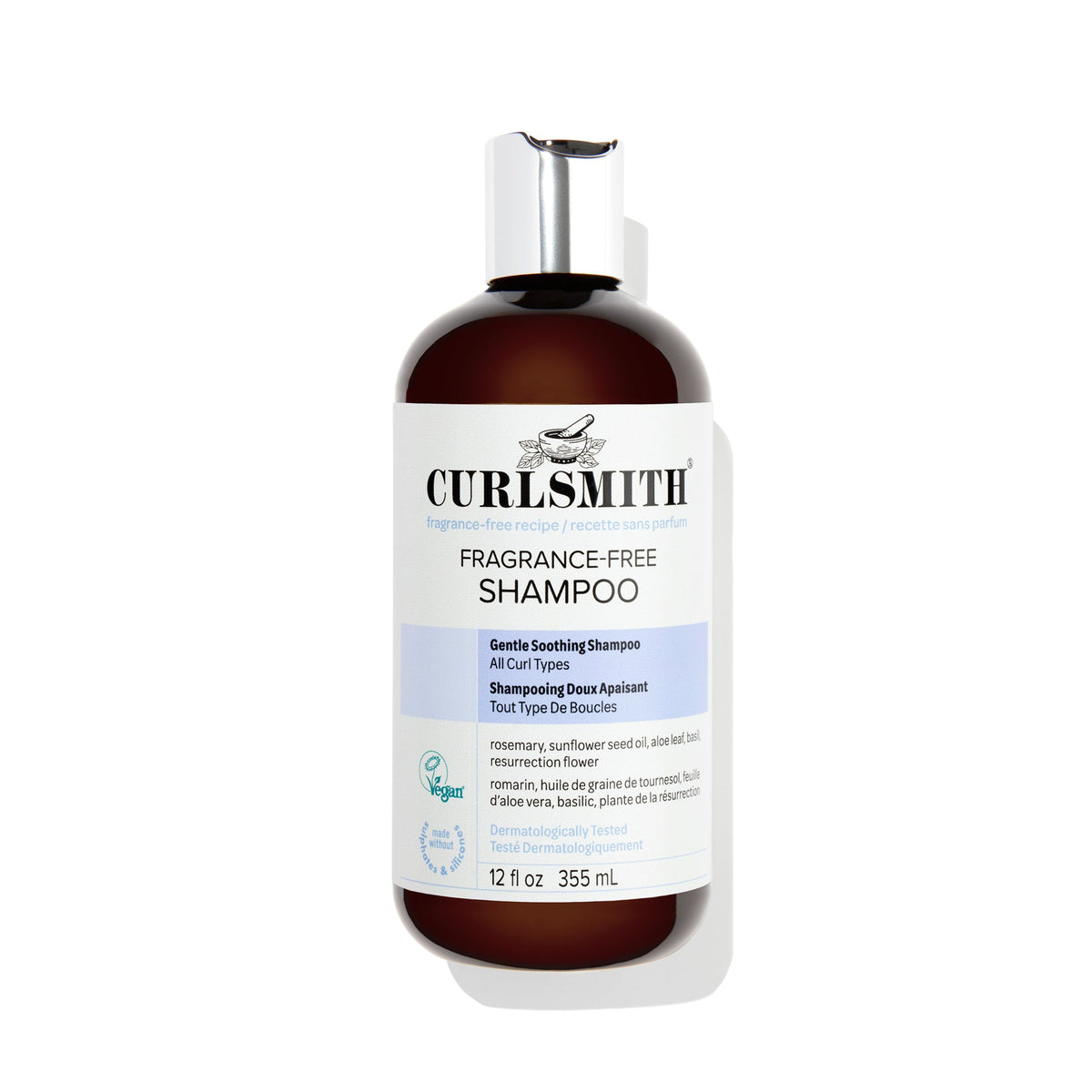 Bottle of Curlsmith fragrance-free shampoo on a white background, Click to enlarge