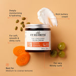 Jar of Curlsmith curl conditioning oil-in-cream with ingredients on a beige background