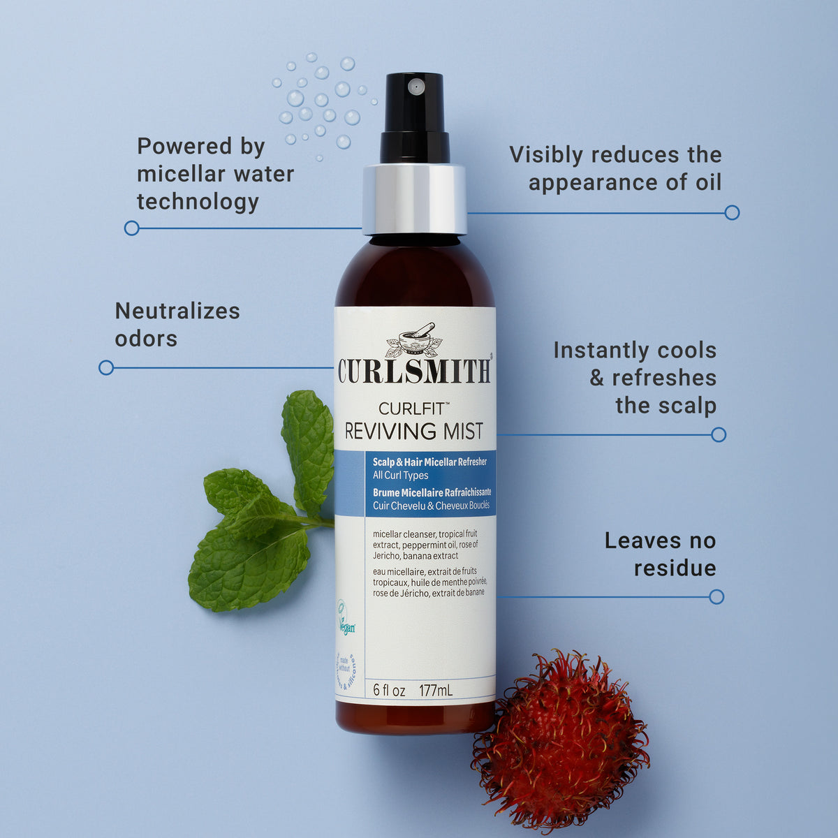 CurlSmith Curl Lift Reviving Mist bottle with features on a blue background