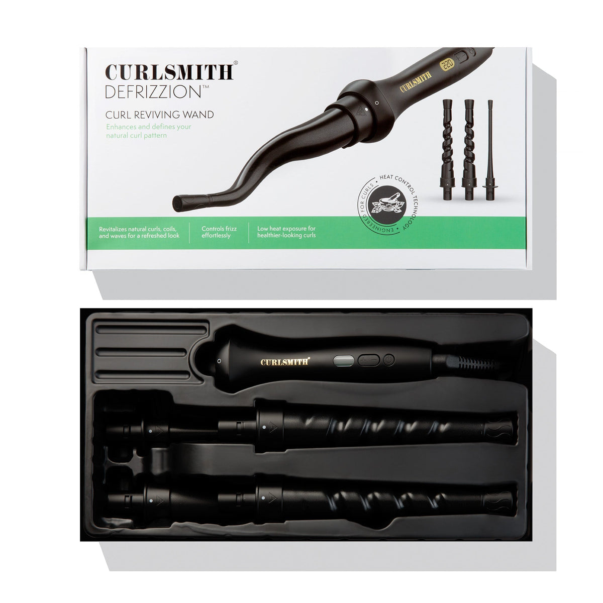 Curlsmith Defrizzion curl reviving wand with packaging on a white background