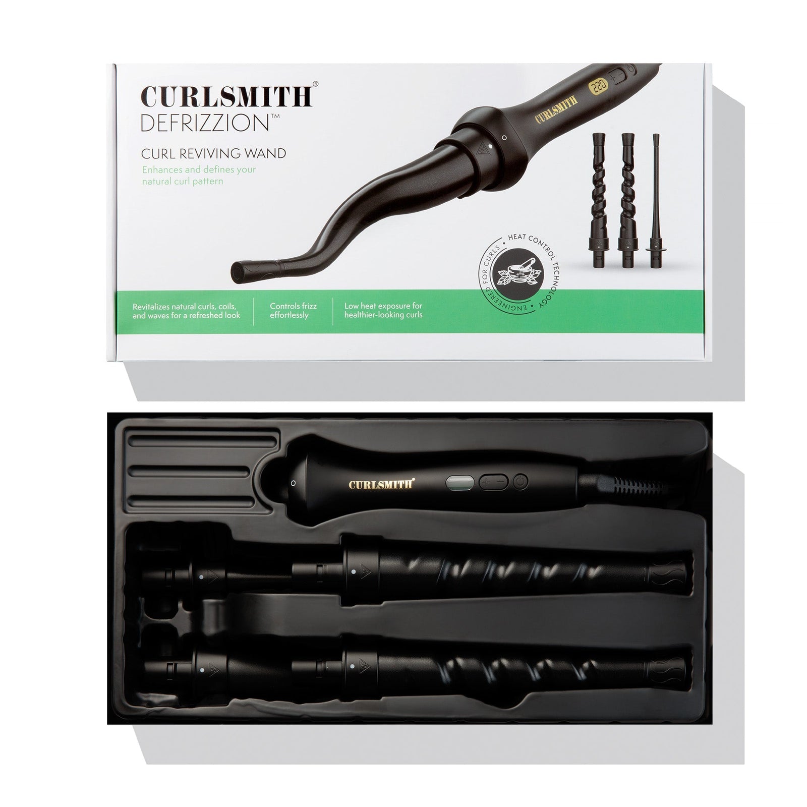 Curlsmith Defrizzion curl reviving wand with packaging on a white background