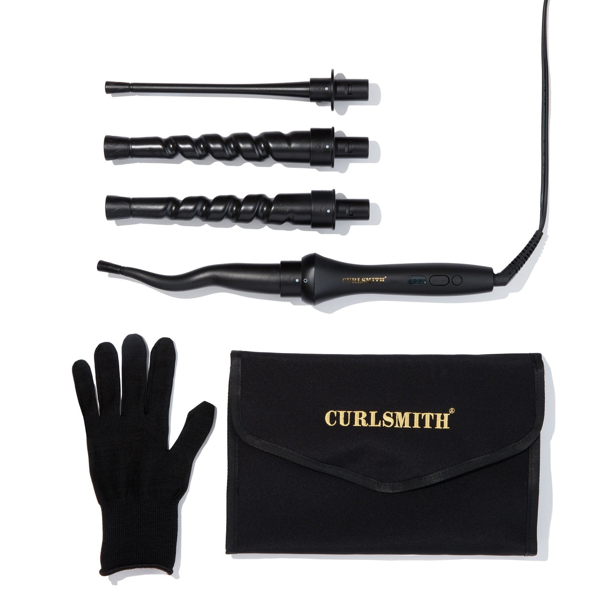 Curling wand set with attachments and a black case on a white background, featuring the Curlsmith brand.