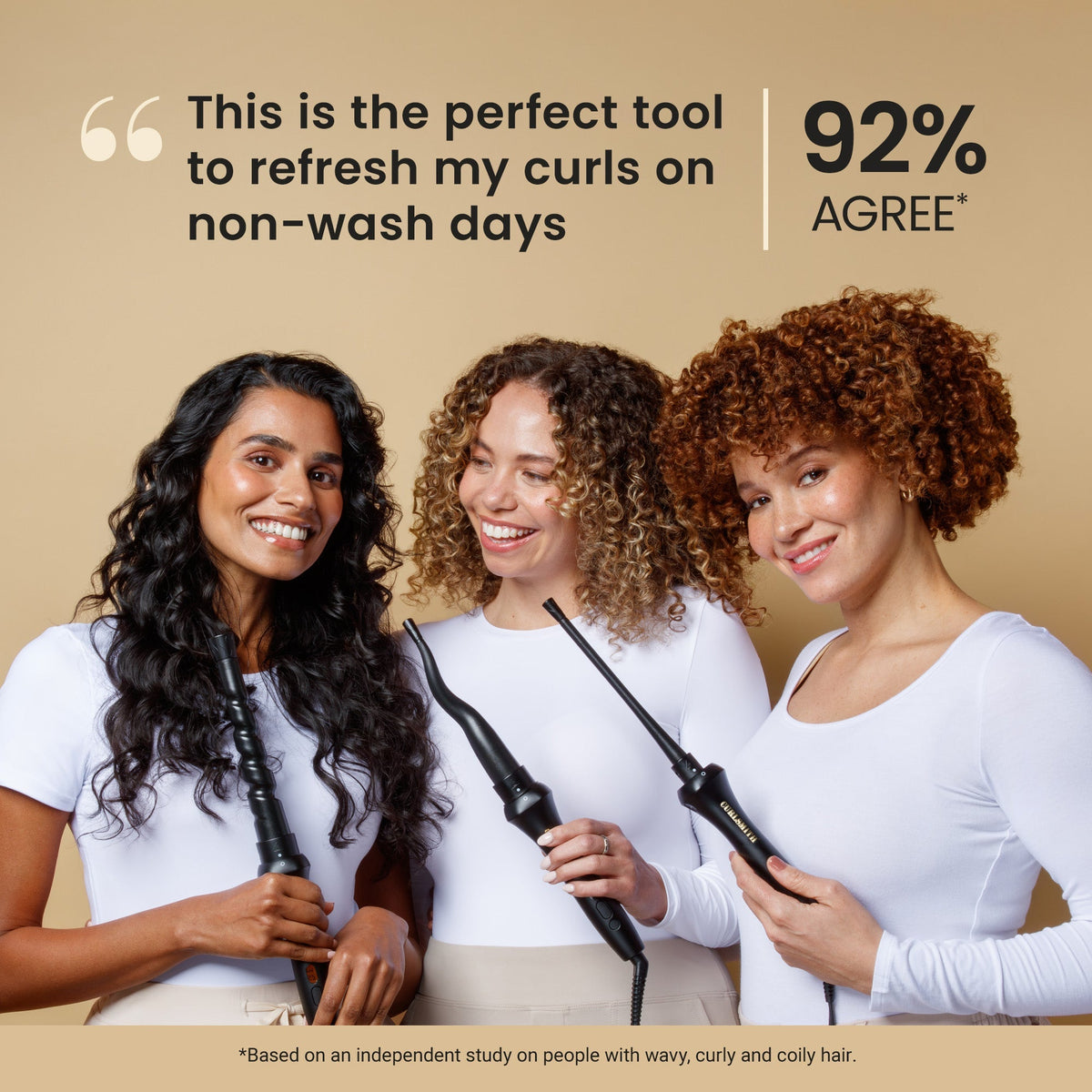 Three women with curly hair holding hair straighteners against a beige background, with text indicating user satisfaction.