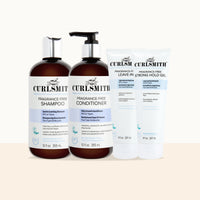 A curl styling set from Curlsmith, including a Fragrance-Free Shampoo bottle, a Fragrance-Free Conditioner pump bottle, and two Leave-In Strong Hold Gel tubes, arranged on a light cream background.