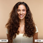 Before and after comparison of a woman with long, wavy hair on a beige background.