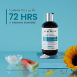 Curlsmith hair product bottle with text on a blue background, featuring a sunflower and watermelon.