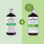 Two bottles of Curlsmith Frizz Control products on a green background with a 'Same Great Product' label.