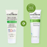 Two bottles of Curlsmith Frizz Control Duo Conditioner on a green background with a 'Same Great Product, New Look' badge.