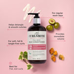 Curlsmith Full Body Milk Conditioner bottle with text on a pink background
