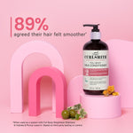 Curlsmithe full body milk conditioner bottle on a pink background with text about hair smoothness.