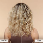 Before and after comparison of wavy hair on a beige background